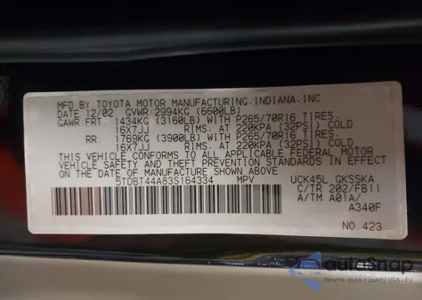 2003 Toyota Sequoia Sr5 V8 from USA, damaged, VIN 5TDBT44A83S164334